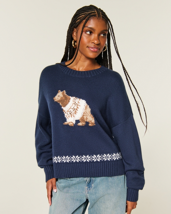 Easy Bear Graphic Crew Sweater, Navy Pattern view 1