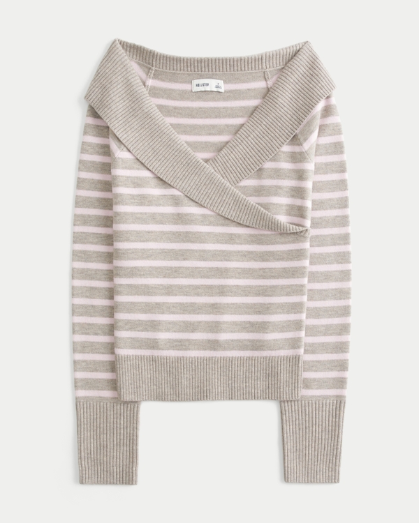 Off-the-Shoulder Wrap Sweater, Light Pink Stripe view 1