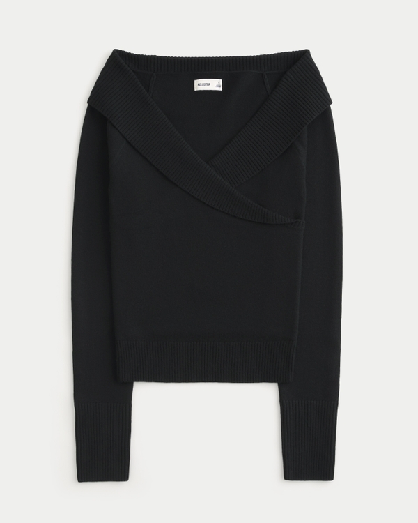 Off-the-Shoulder Wrap Sweater, Black view 1