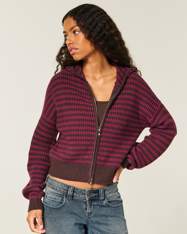 Easy Hooded Zip-Up Sweater, Burgundy Stripe view 1