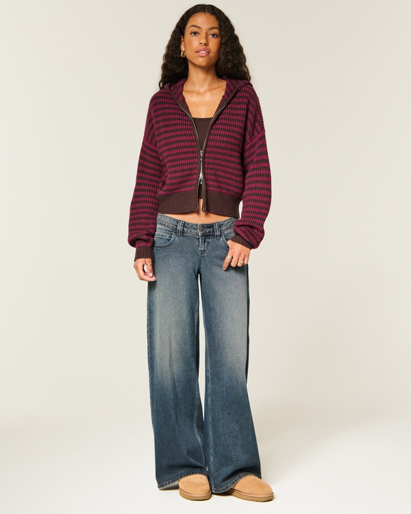 Easy Hooded Zip-Up Sweater, Burgundy Stripe view 2