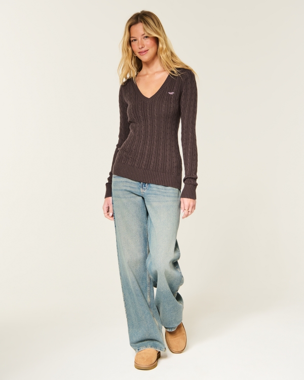 Hollister Ivy Cable-Knit V-Neck Sweater, Brown view 2