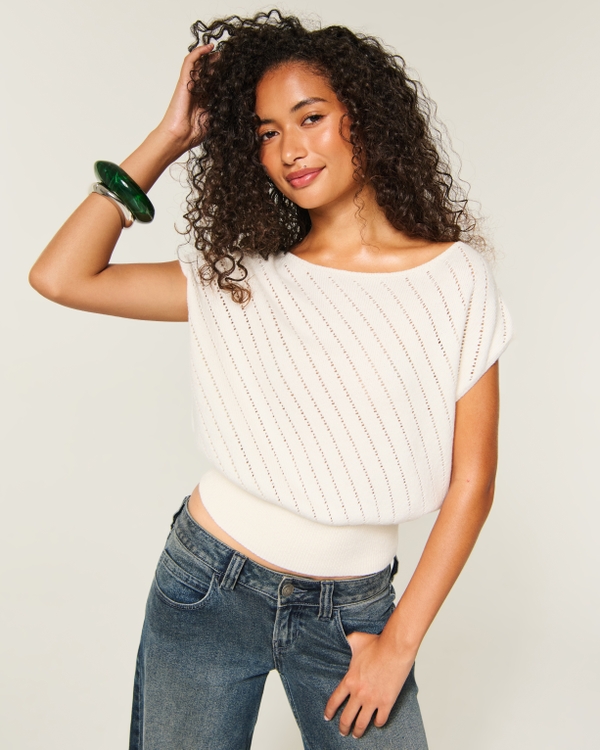 Banded Textural Cap Sleeve Sweater, Cream view 1