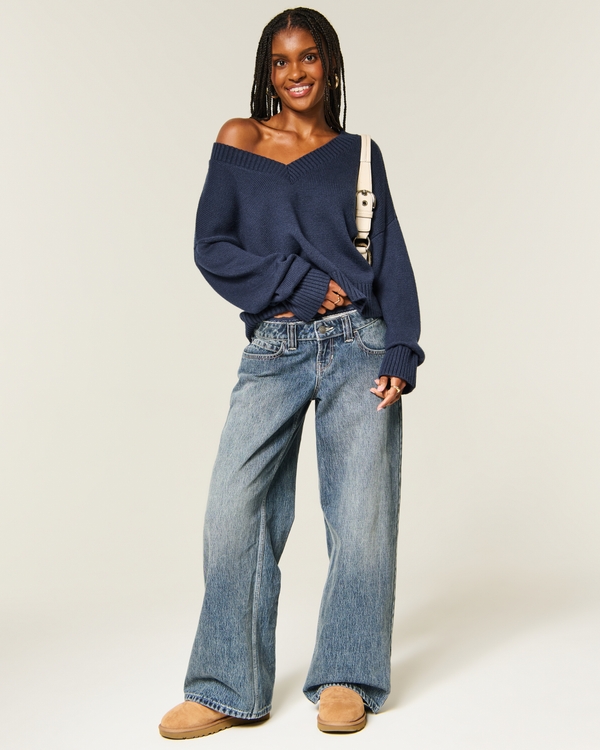 Easy V-Neck Sweater, Navy view 2