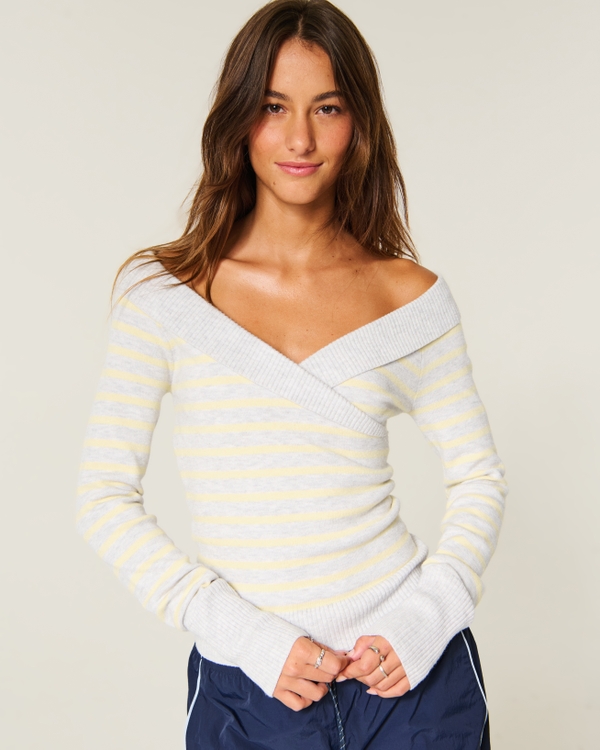 Twist Off-the-Shoulder Sweater, Yellow Stripe view 2