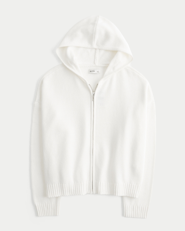 Boxy Zip-Up Sweater Hoodie, White view 1