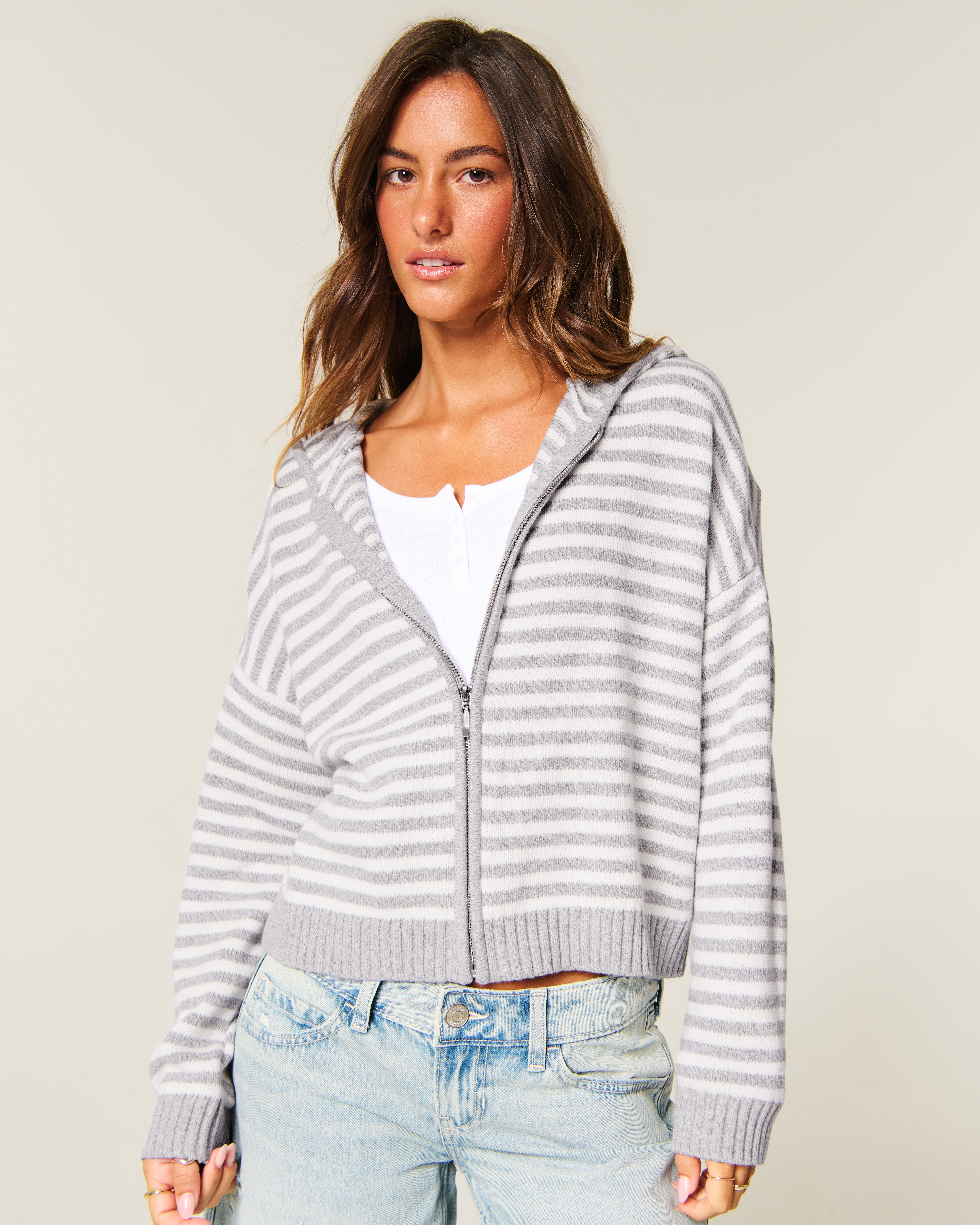 Boxy Zip-Up Sweater Hoodie