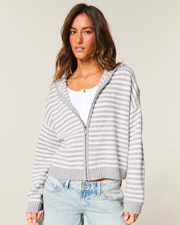 Boxy Zip-Up Sweater Hoodie, Light Grey Stripe view 1