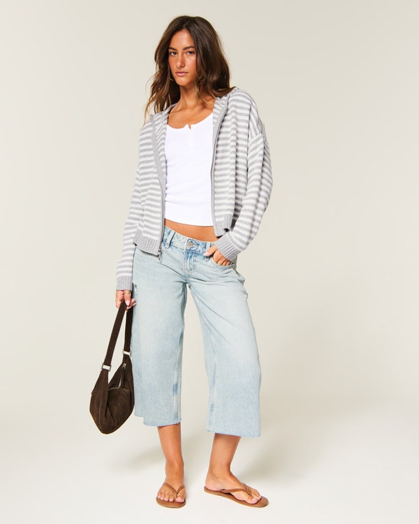 Boxy Zip-Up Sweater Hoodie, Light Grey Stripe view 2