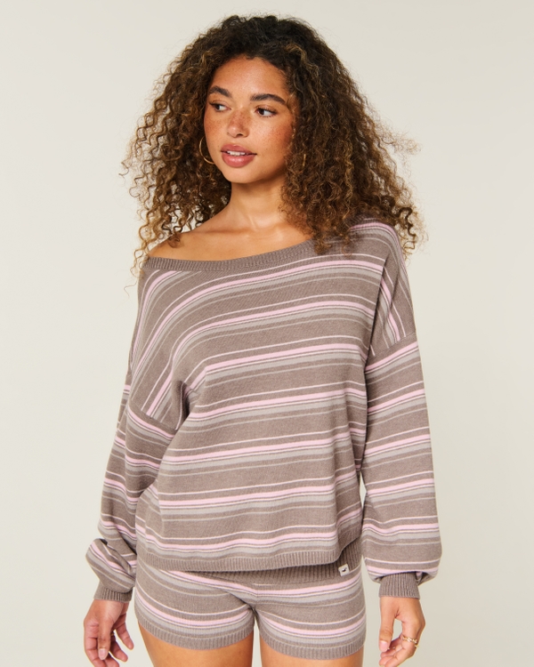 Easy Off-the-Shoulder Striped Sweater, Light Brown Stripe view 1