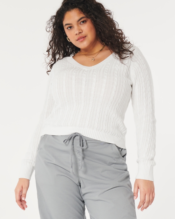 Cable-Knit V-Neck Sweater, White