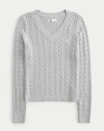 Essentials Men's Cable Knit V-Neck Sweater - 100% Cotton Casual Pullover