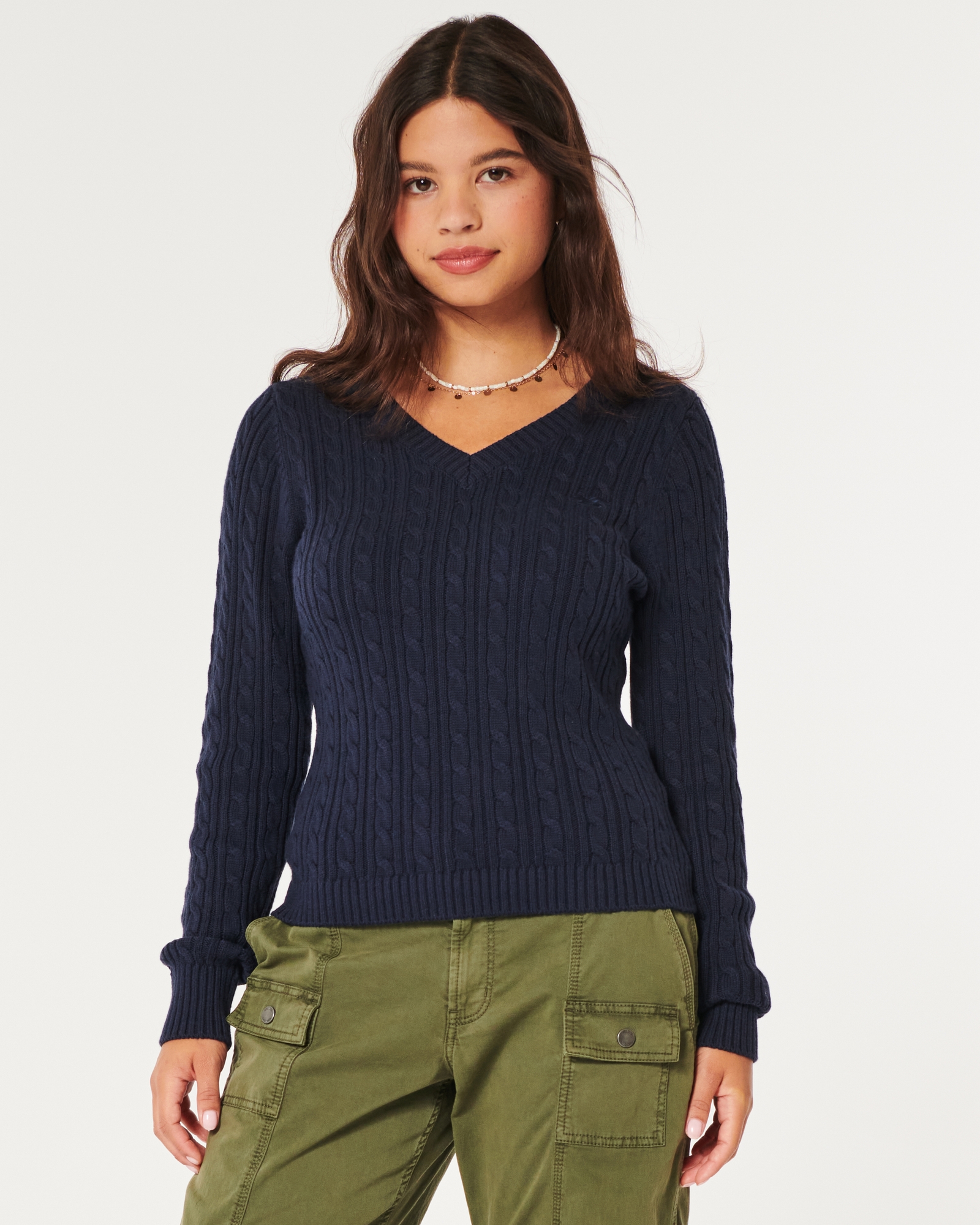 Hollister Sweater Womens Extra Small Blue Cable Knit Crew Neck Long Sleeves  Logo