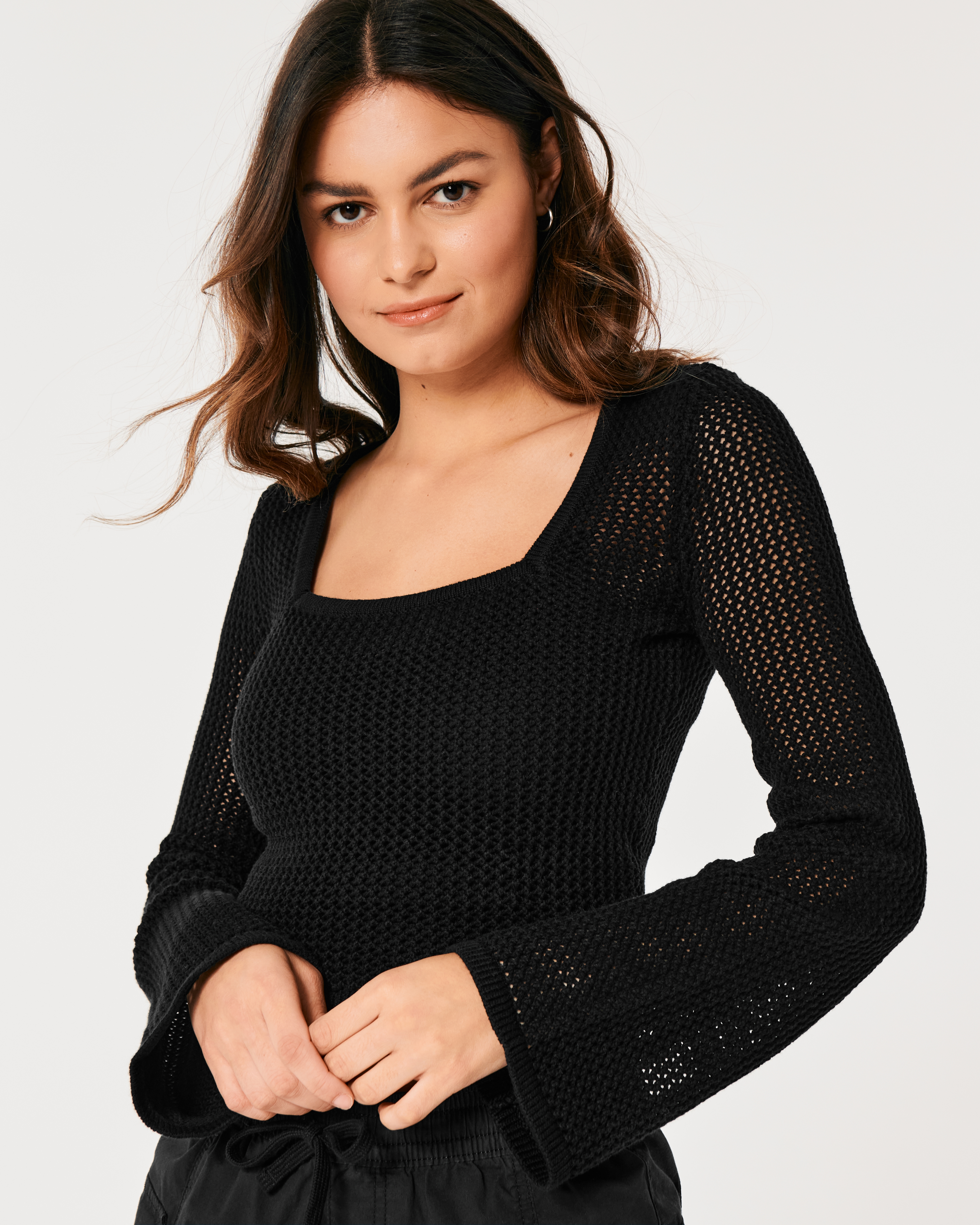 Women s Long Sleeve Square Neck Crochet Style Sweater Women s