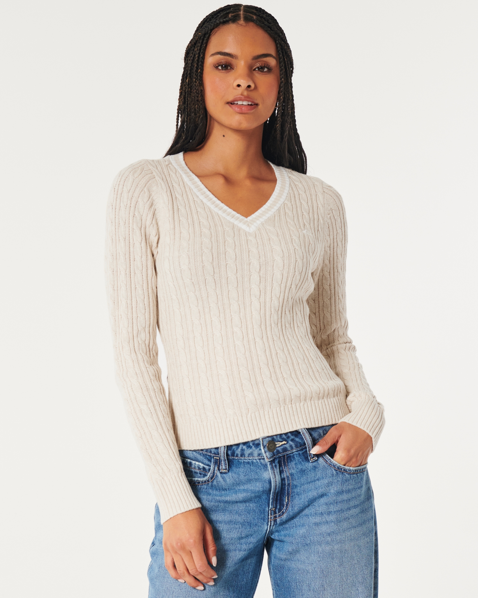 White Hollister Cable Knit Sweater