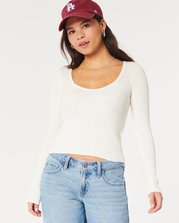 Slim Ribbed Sweetheart Sweater, Off White