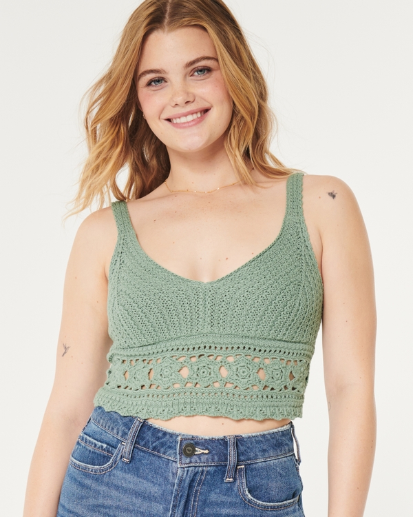 Hollister Pastel Blue Gray Crochet Crop Top Lace Up Back Size Medium NWT