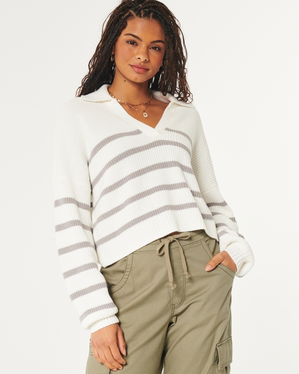 Easy Long-Sleeve Polo Sweater, Cream Stripe