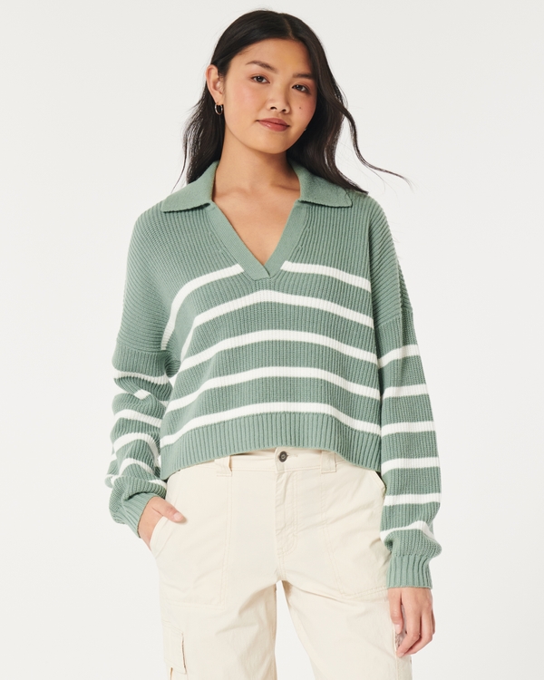 Easy Long-Sleeve Polo Sweater, Green Stripe