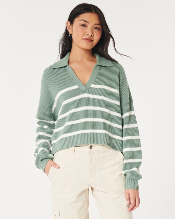 Hollister Slouchy Half Zip Striped Jumper in Blue