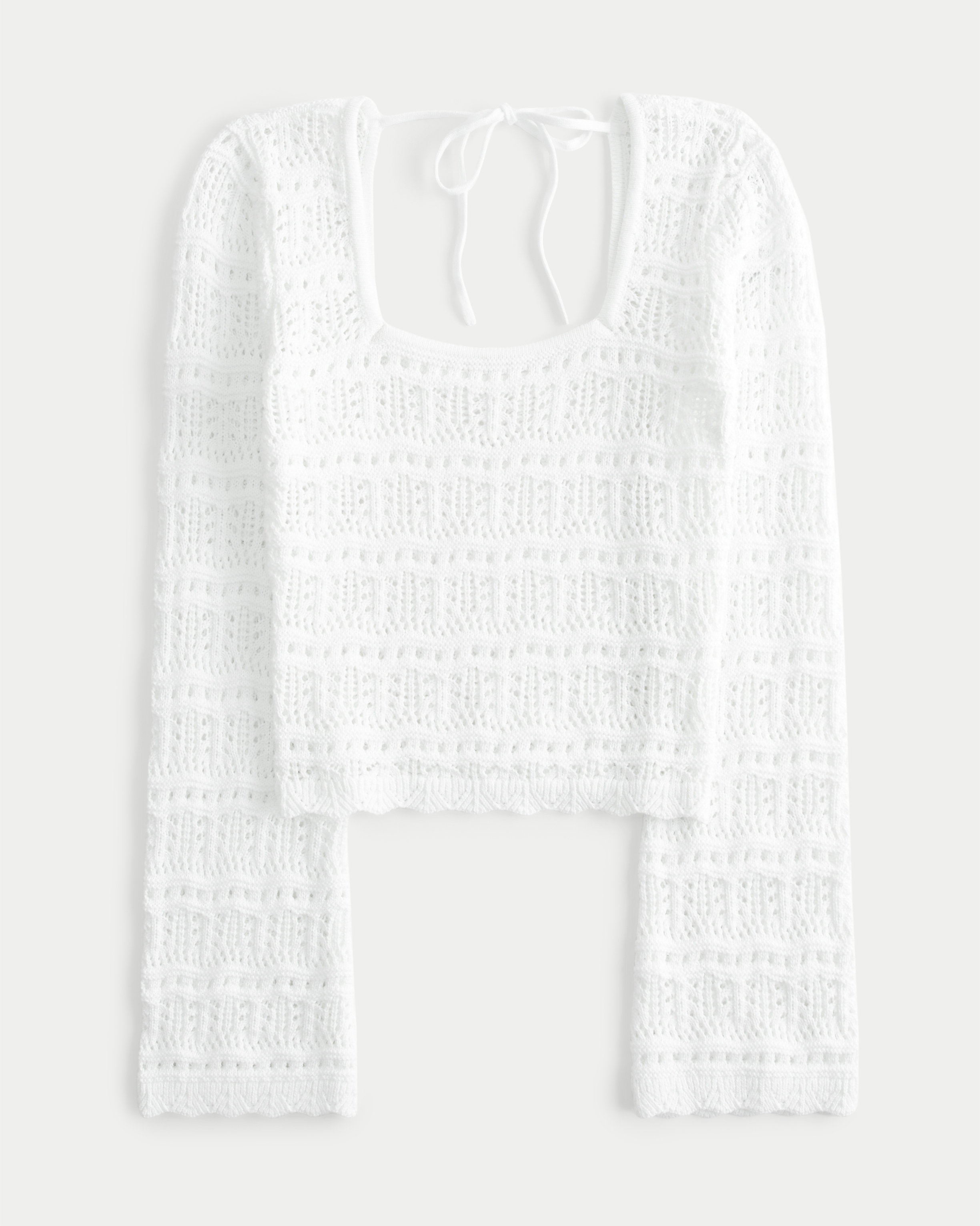 Long-Sleeve Square-Neck Crochet-Style Sweater