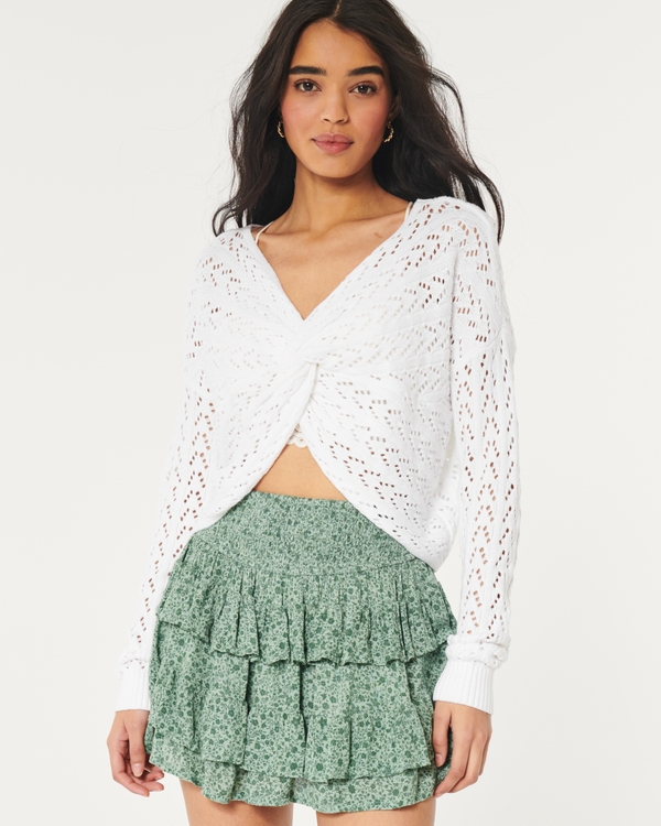 Easy Long-Sleeve Crochet-Style Twist Sweater, White