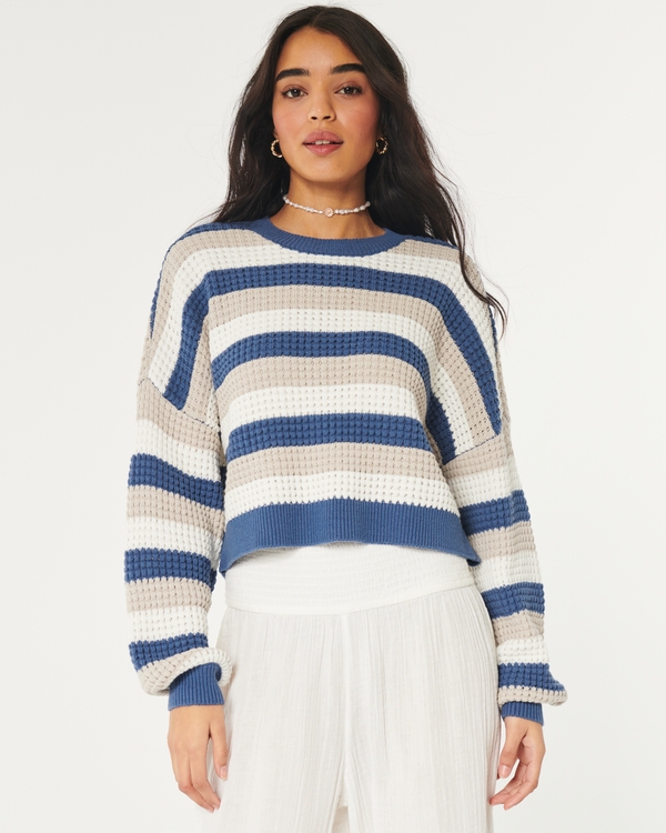 Hollister Womens Sweater L Blue White Stripe Hooded Pullover Long