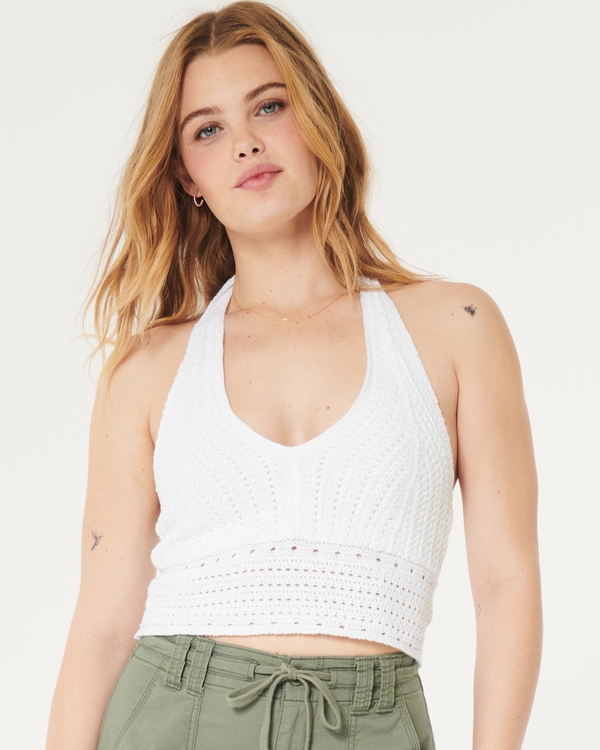 Crochet-Style Crop Halter Tank, White