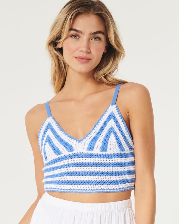 Crop Crochet-Style Bralette, Blue Stripe