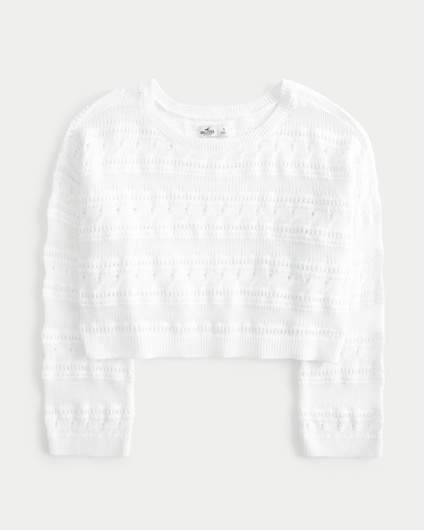 Easy Crochet-Style Crew Sweater, White