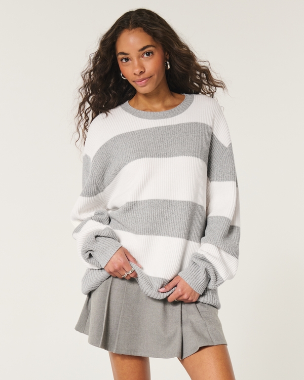 Oversized Crew Sweater, Light Grey Stripe