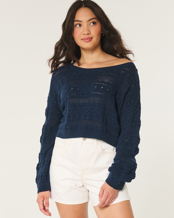 Easy Crochet-Style Crew Sweater, Navy Blue
