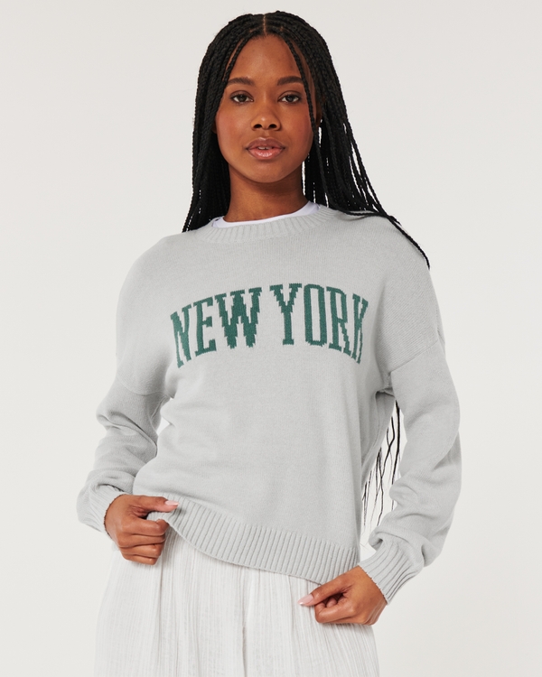 Oversized New York Graphic Crew Sweater, Light Grey