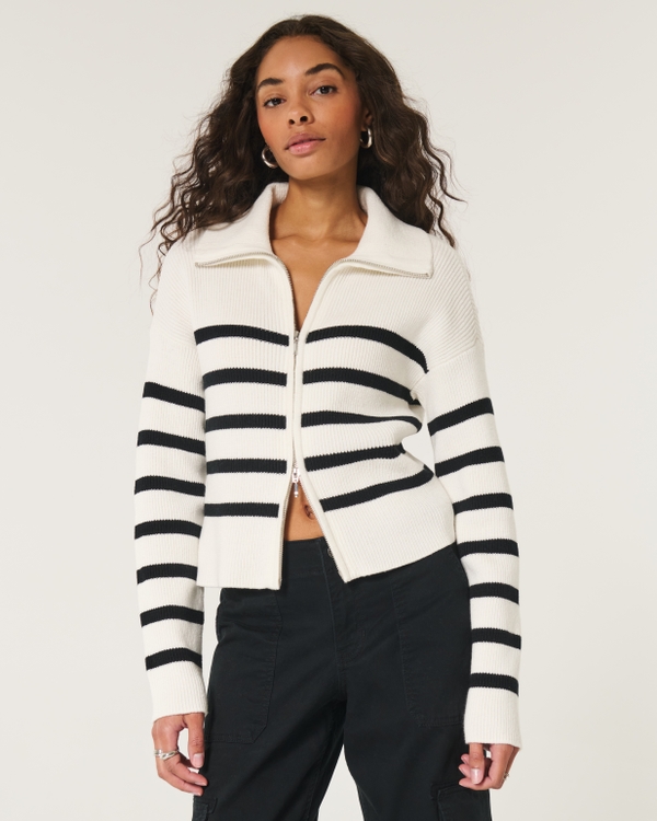Easy Zip-Up Sweater, White Stripe