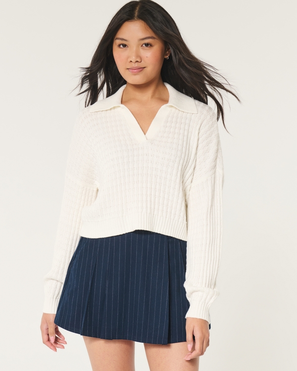 Easy Stitchy Polo Sweater, Cloud White