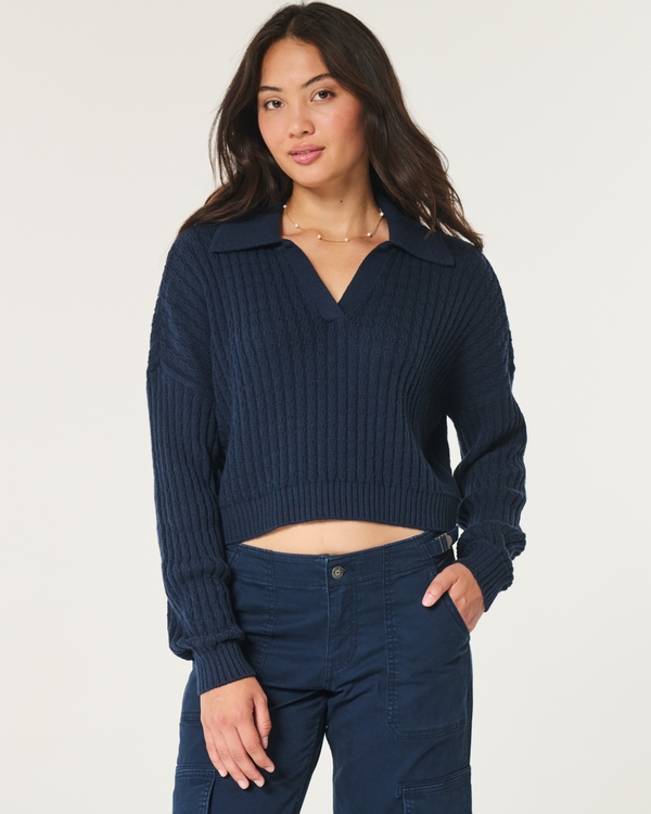 Easy Stitchy Polo Sweater, Navy Blue