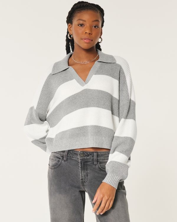 Easy Stitchy Polo Sweater, Light Grey Stripe