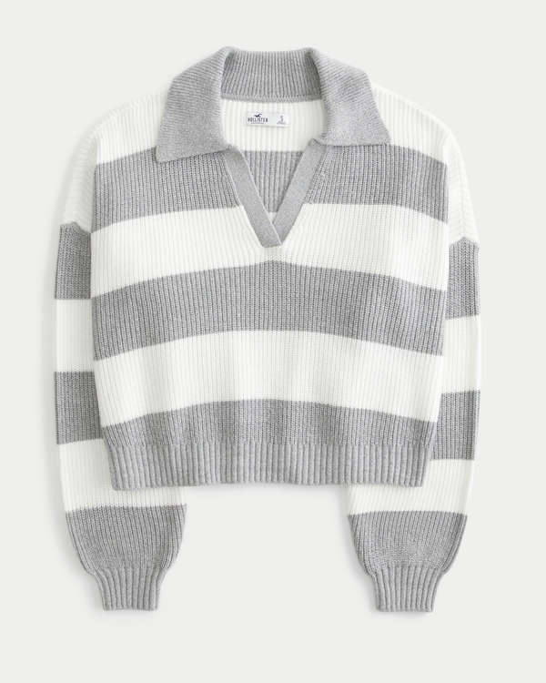 Easy Stitchy Polo Sweater, Light Grey Stripe view 1