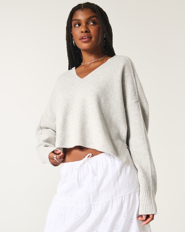 Hollister Comfy Cloud Boxy Notch-Neck Sweater, Light Grey