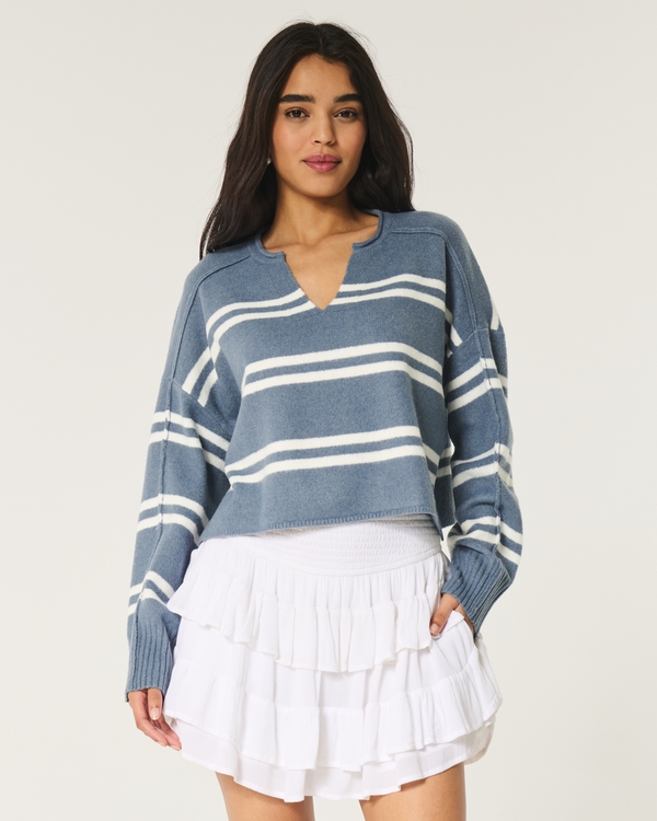 Hollister Comfy Cloud Boxy Notch-Neck Sweater, Steel Blue Stripe