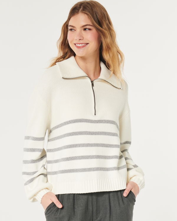 Oversized Half-Zip Sweater, White Stripe