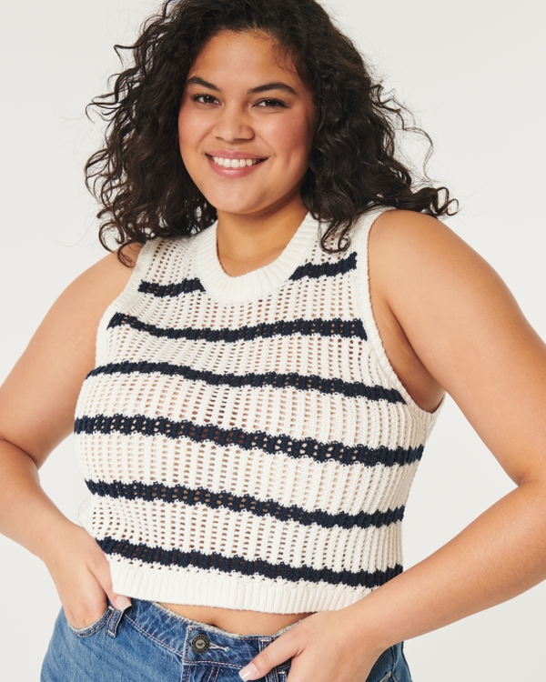 Easy High-Neck Crochet-Style Tank, White Stripe