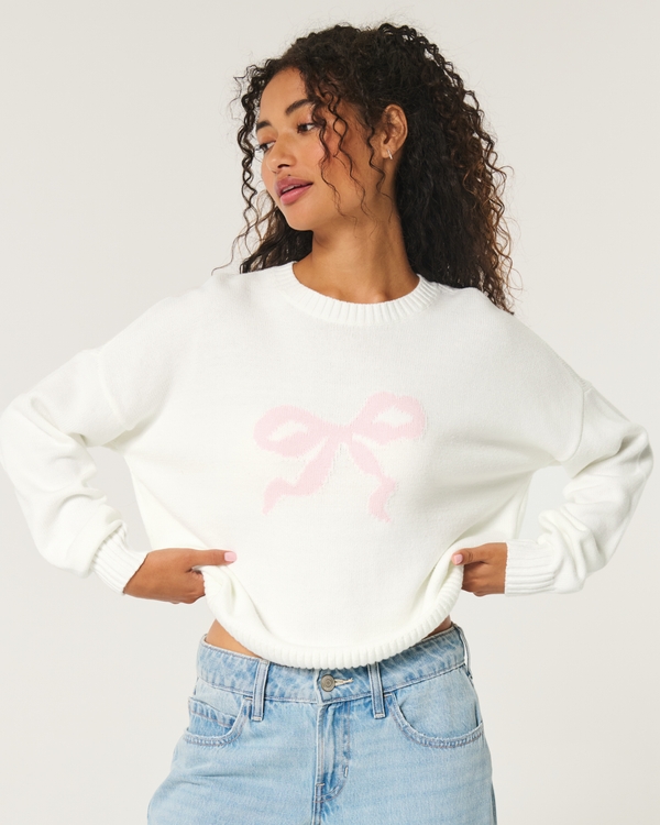 Easy Bow Graphic Crew Sweater, White