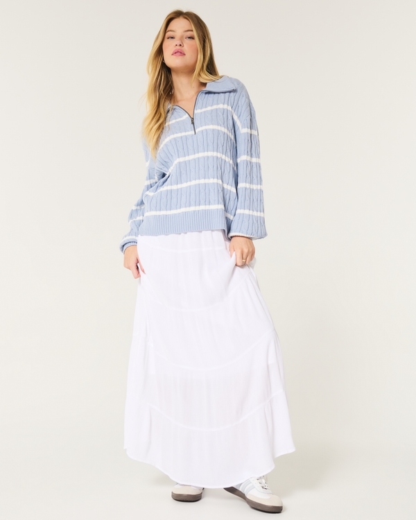Oversized Cable-Knit Half-Zip Sweater, Dusty Blue Stripe view 2
