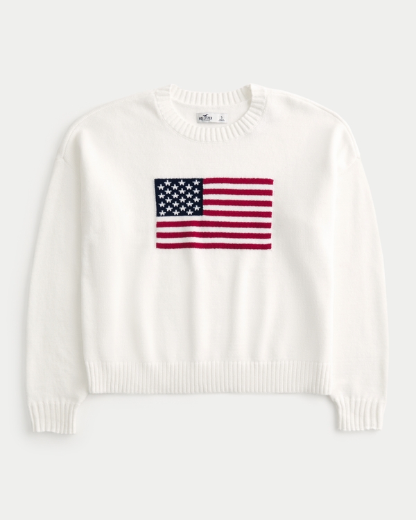 American Flag Graphic Crew Sweater, White