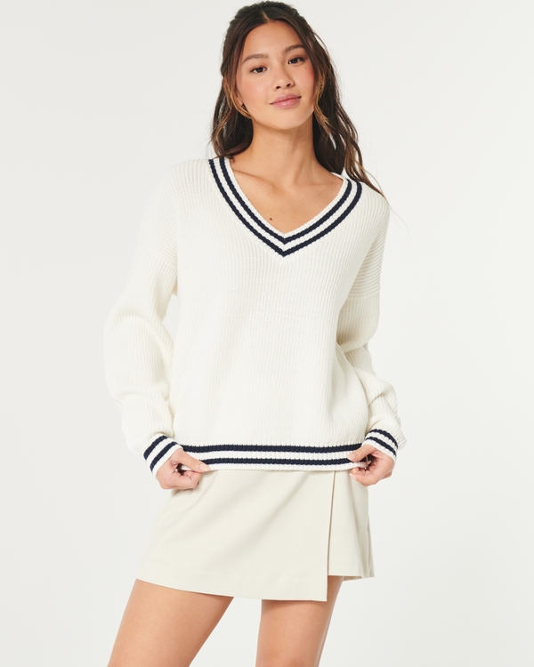 Oversized V-Neck Sweater, White