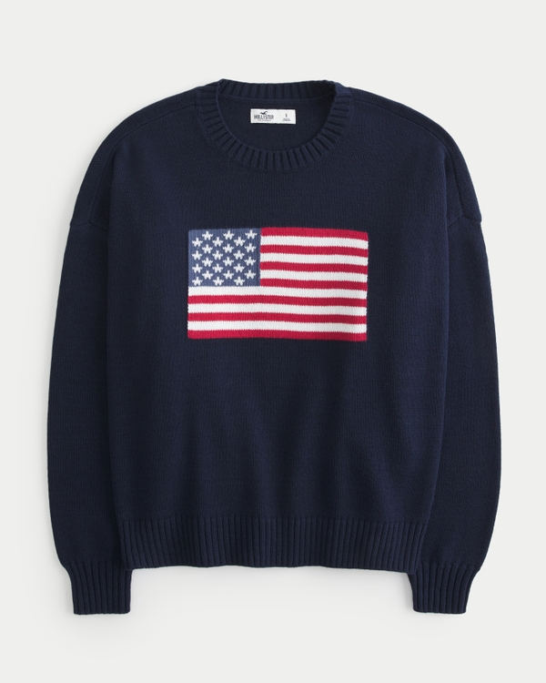 American Flag Graphic Crew Sweater, Dark Indigo