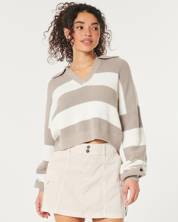 Easy Long-Sleeve Sweater Polo, White Stripe