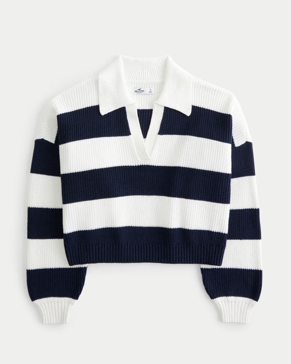Easy Long-Sleeve Sweater Polo, Navy Stripe