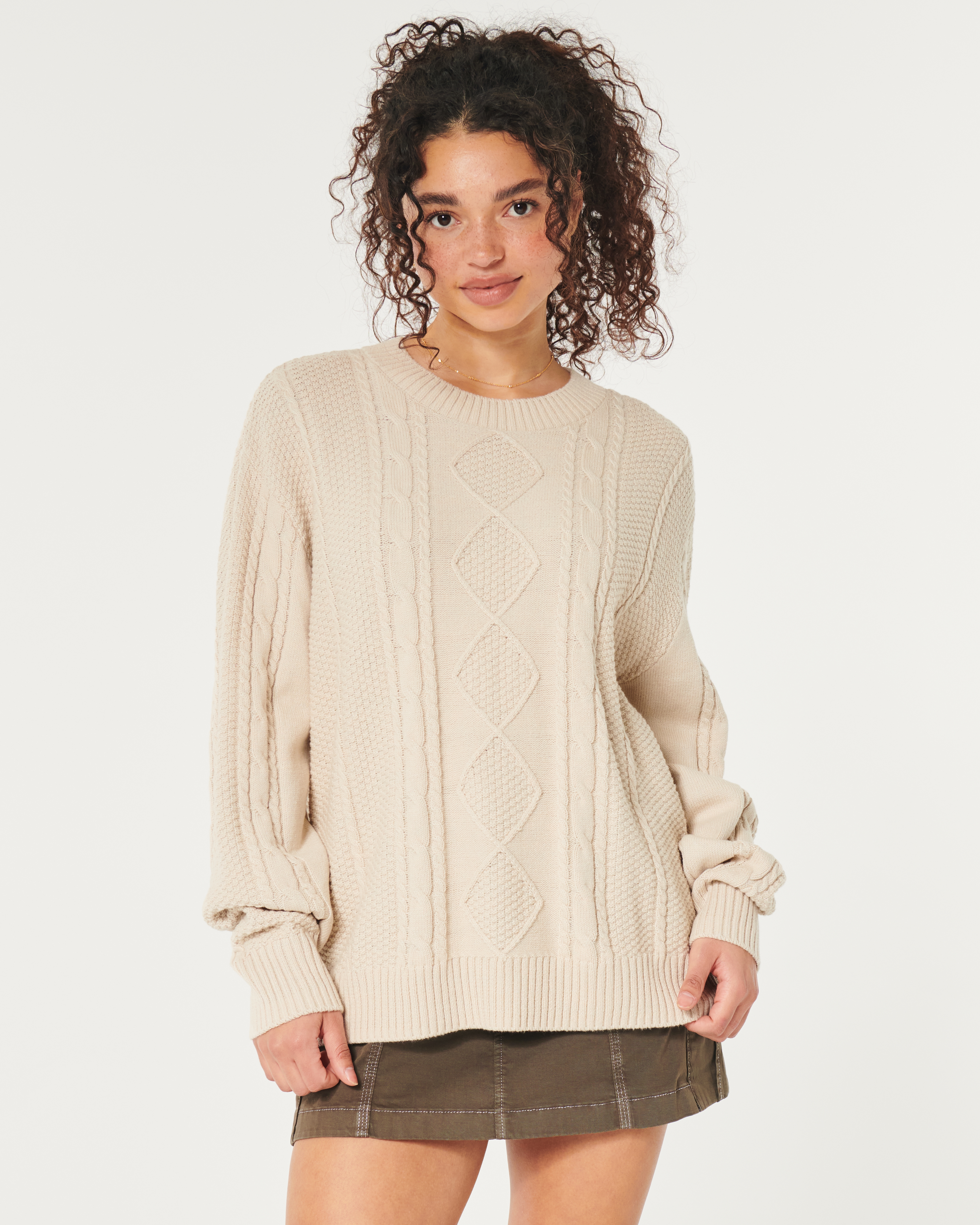 Oversized Cable-Knit Crew Sweater